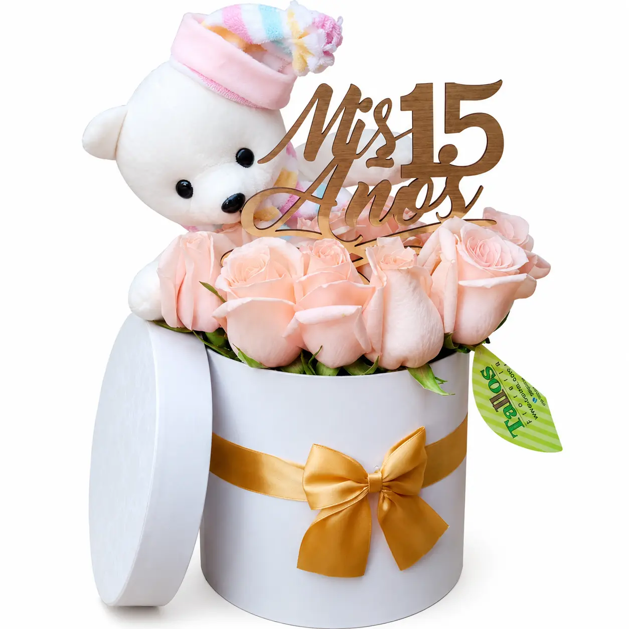 Arreglo floral en box con rosas rosadas y peluche ideal para regalo de quince años elegante y especial con entrega a domicilio en Lima